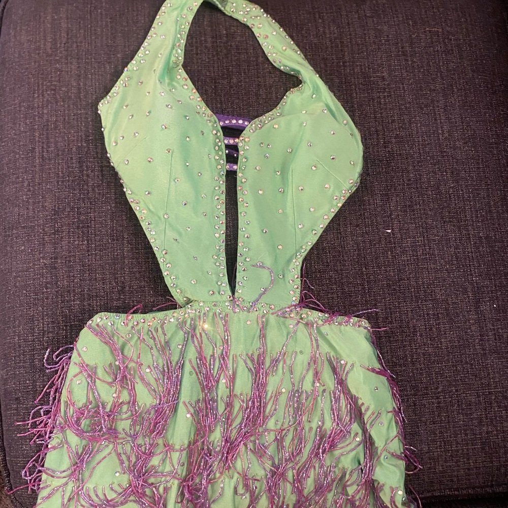 Lime green and purple cut out - mini skirt beaded jazz dance costume
